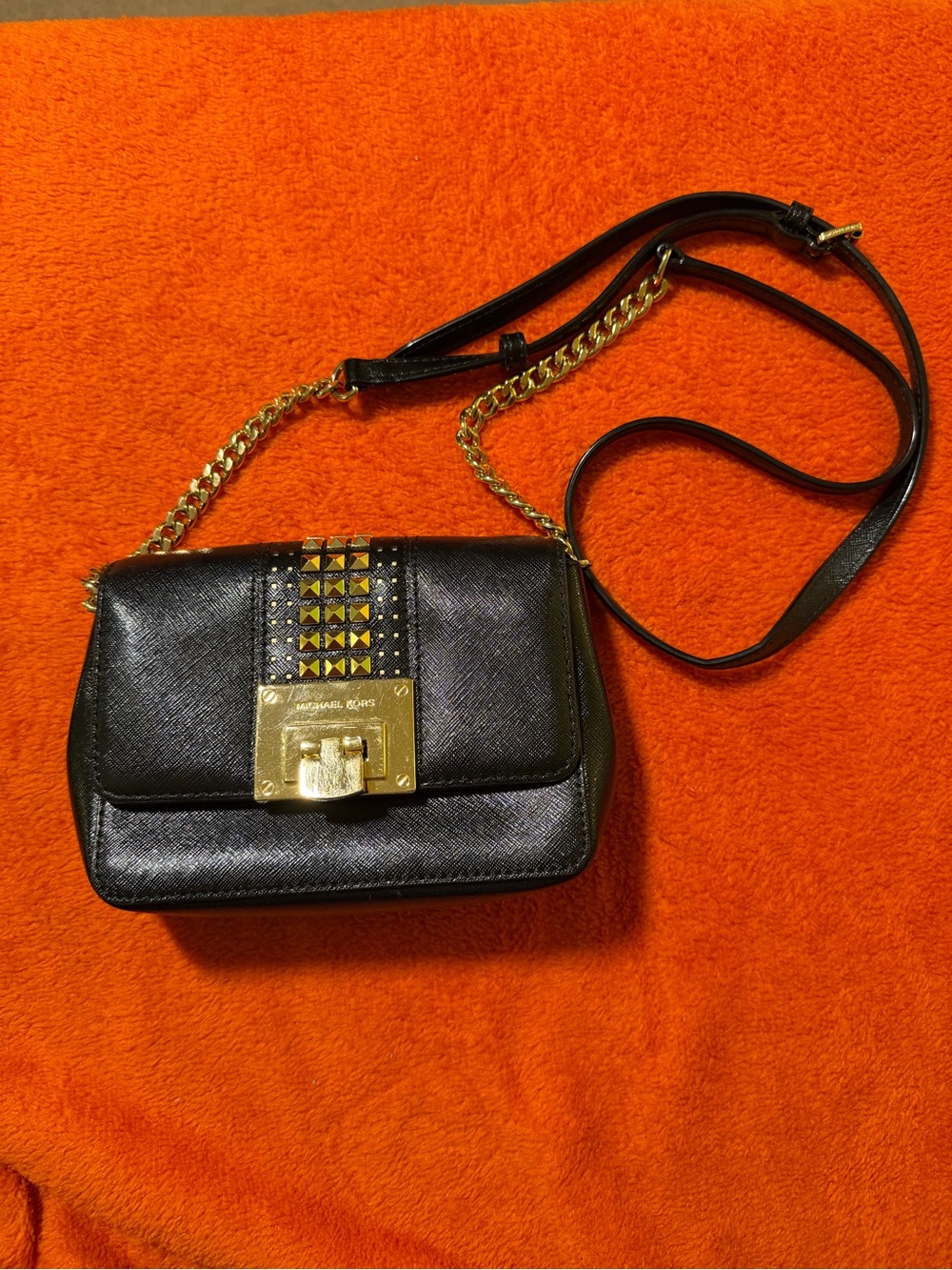 Michael Kors Black Studded Crossbody Bag Gold Chain Push Lock Adjustable Strap